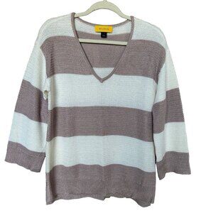 St. John Knit Sweater Pullover M Women's Pink White Stripe 3/4 Sleeve Wool Blend